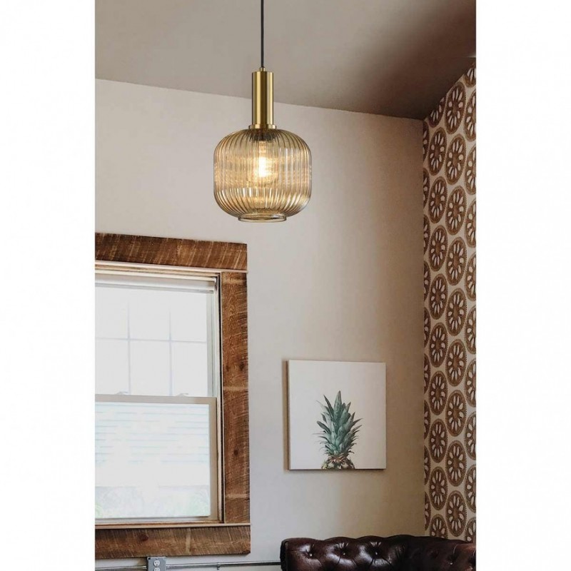 Lámpara Colgante Cristal, Estilo Vintage, Colores Dorado y Ambar, A+