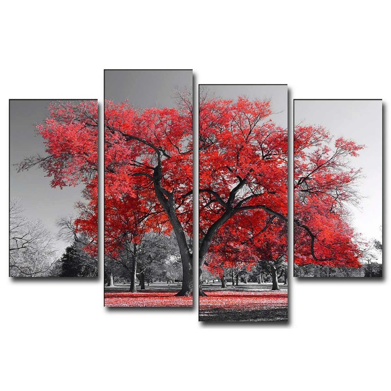 Cuadro en Lienzo Tríptico Blanco y Negro Árbol Rojo