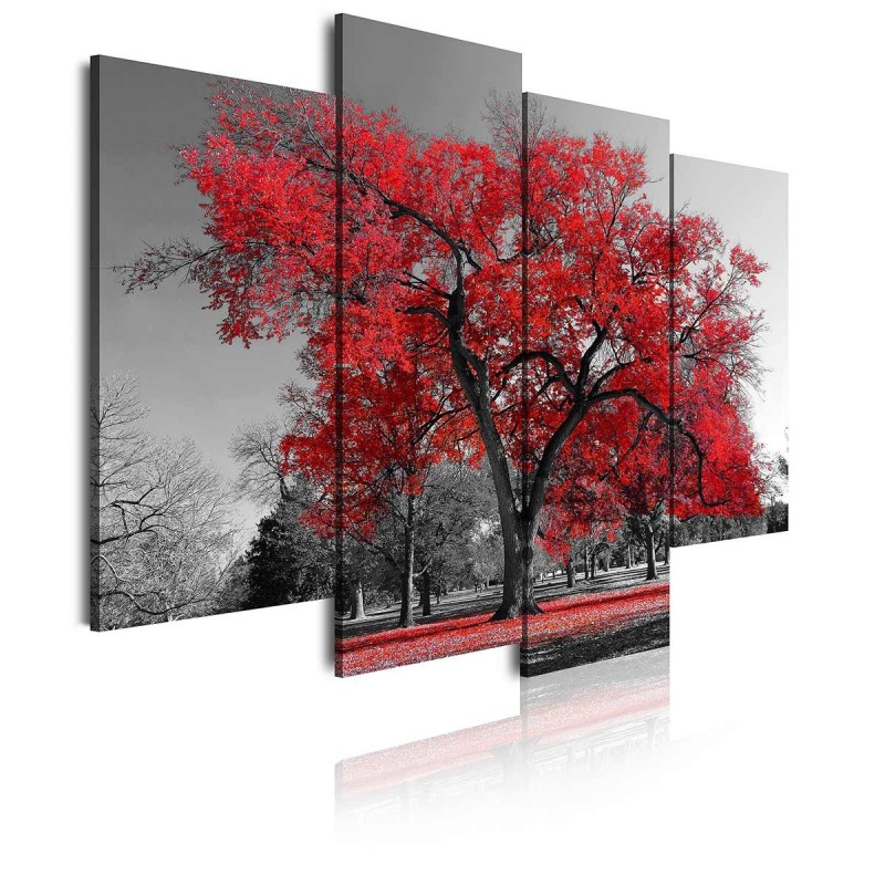 Cuadro en Lienzo Tríptico Blanco y Negro Árbol Rojo