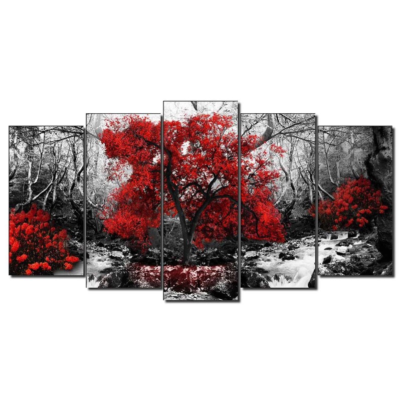 Cuadro en Lienzo Tríptico Estilo Bosque Arbol Rojo