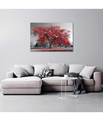 Cuadro en Lienzo Tríptico Blanco y Negro Arbol Rojo